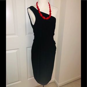 One shoulder black cocktail wrap curvy dress.